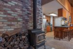 Wood Fireplace and Kitchen